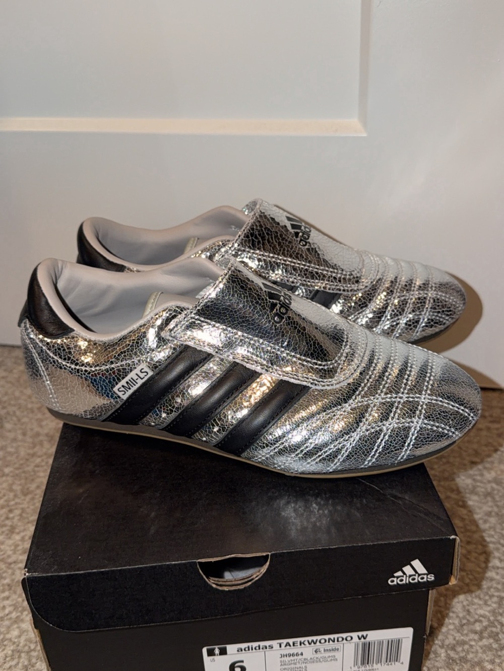 adidas Metallic Silver Sneakers with Black Stripes - Picture 2 of 5